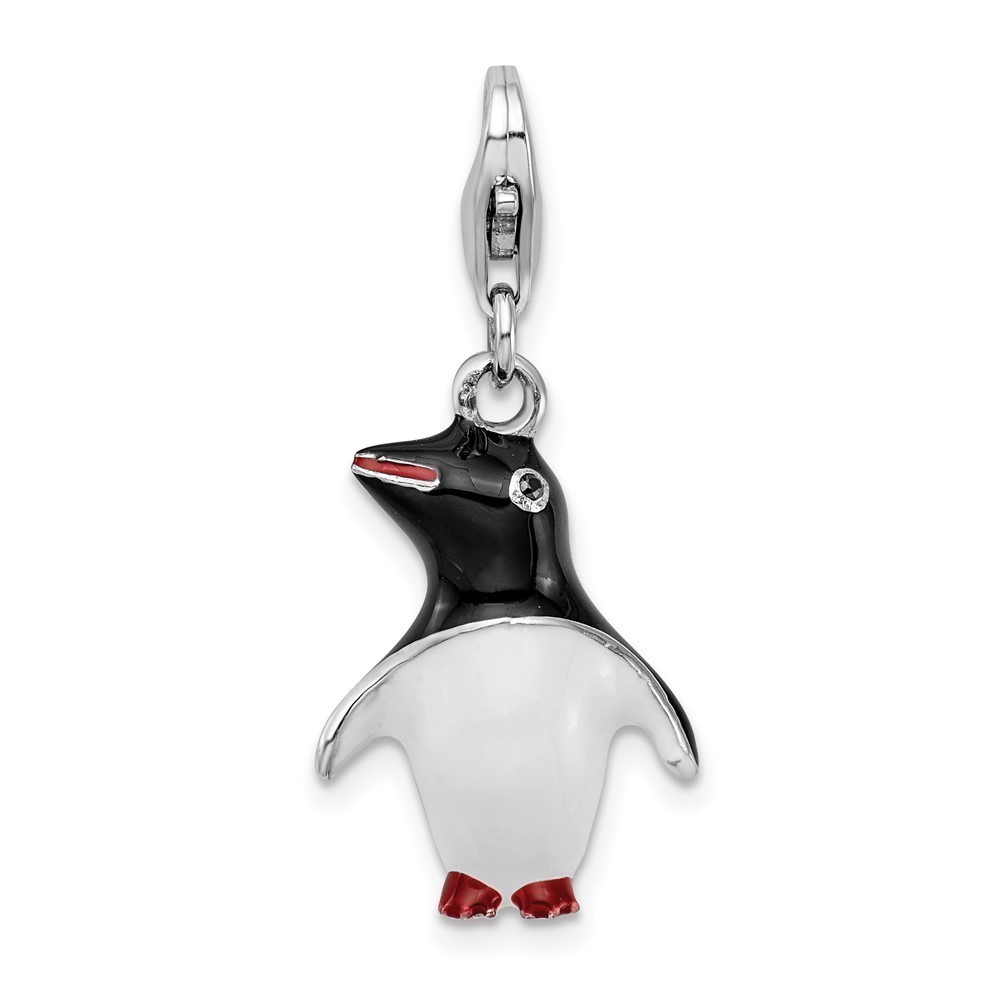 925 Sterling Silver Polished 3-D Enameled Penguin Bracelet Charm Lobster Clasp